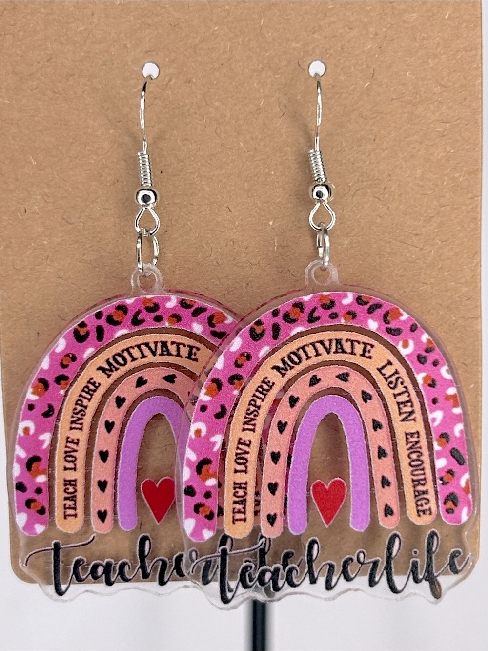 Pink Rainbow "Teacher Life" Acrylic Earrings Fashion Jewelry